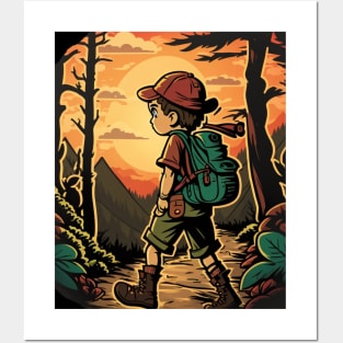 Boy trekking in the woods with a beautiful sunset effect Posters and Art